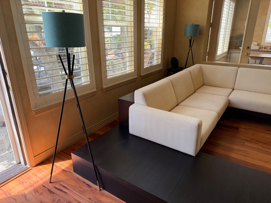 Just Added - Pair Of Black And Teal Tripod Floor Lamps 62'H
