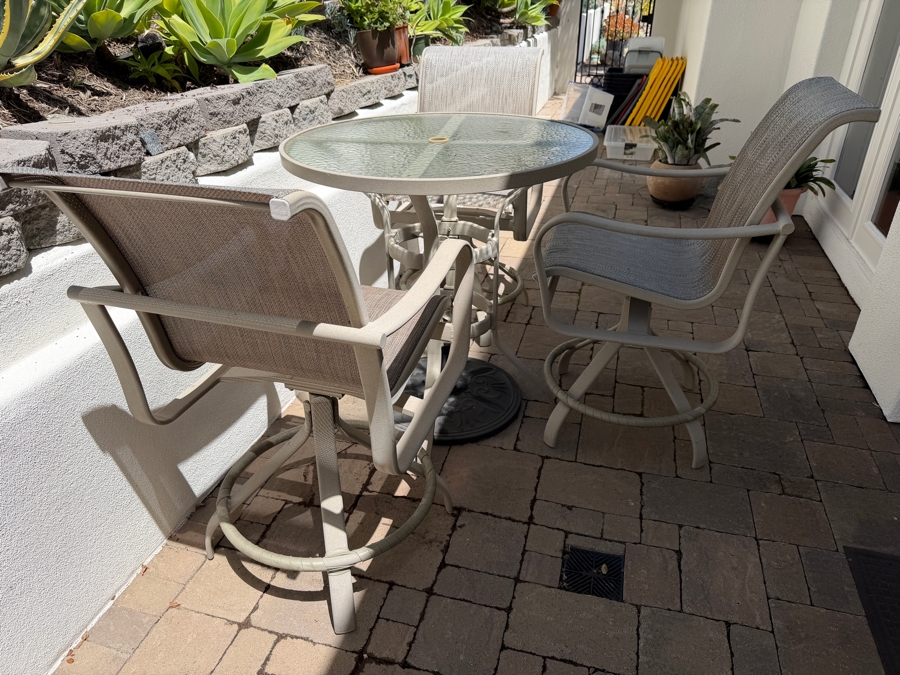 Just Added - Tropitone Furniture Bistro Set With Tropitone Table 36W X 37H And (3) Tropitone Swivel Chairs [Photo 3]