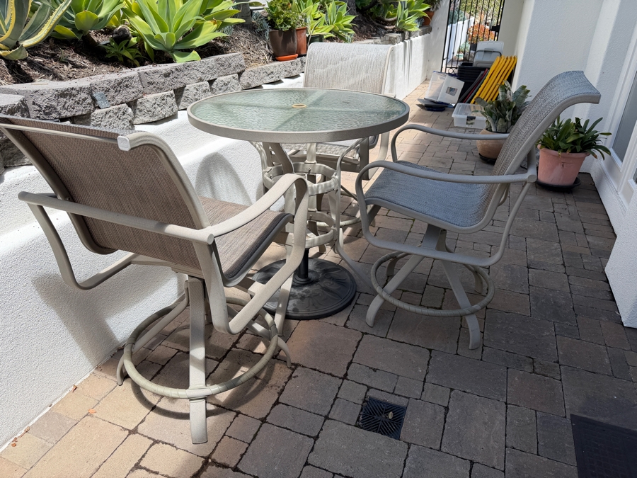 Just Added - Tropitone Furniture Bistro Set With Tropitone Table 36W X 37H And (3) Tropitone Swivel Chairs