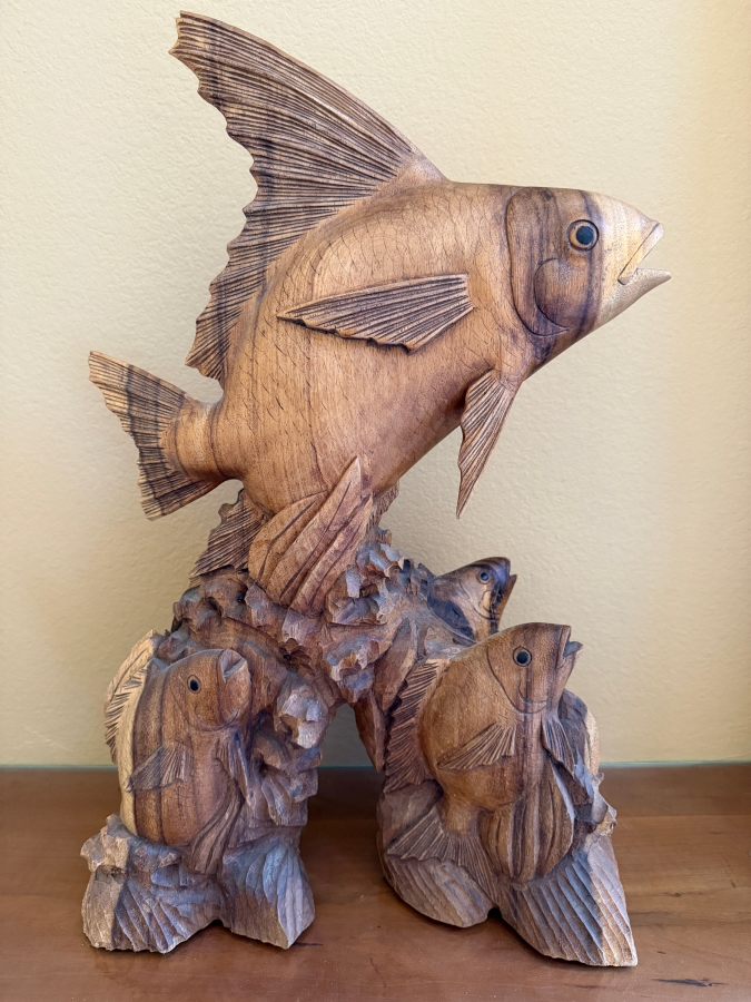 Just Added - Impressive Hawaiian Hand Carved Wooden Fish Sculpture 15W X 23.5H