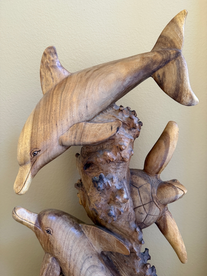 Just Added - Impressive Hawaiian Hand Carved Wooden Dolphins And Sea Turtle Sculpture 15.5W X 32.5H [Photo 7]