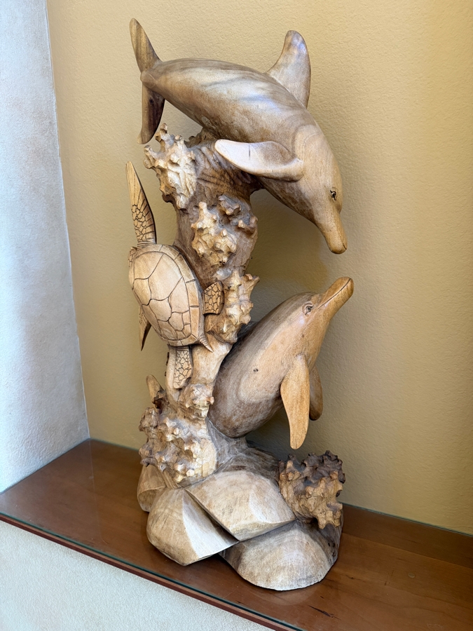 Just Added - Impressive Hawaiian Hand Carved Wooden Dolphins And Sea Turtle Sculpture 15.5W X 32.5H [Photo 4]