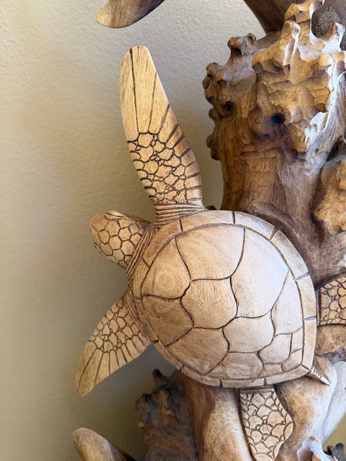 Just Added - Impressive Hawaiian Hand Carved Wooden Dolphins And Sea Turtle Sculpture 15.5W X 32.5H [Photo 2]