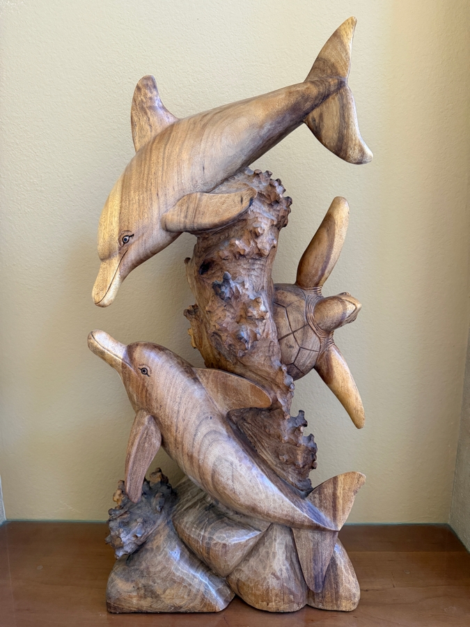 Just Added - Impressive Hawaiian Hand Carved Wooden Dolphins And Sea Turtle Sculpture 15.5W X 32.5H [Photo 6]