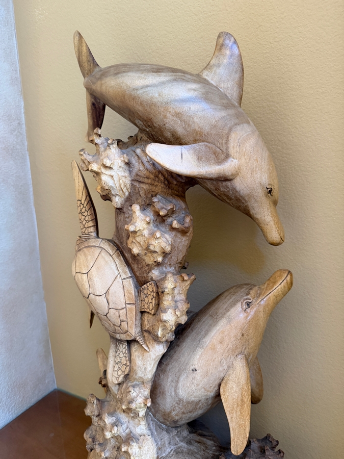 Just Added - Impressive Hawaiian Hand Carved Wooden Dolphins And Sea Turtle Sculpture 15.5W X 32.5H [Photo 3]