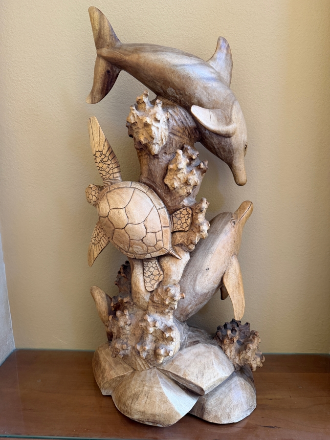 Just Added - Impressive Hawaiian Hand Carved Wooden Dolphins And Sea Turtle Sculpture 15.5W X 32.5H