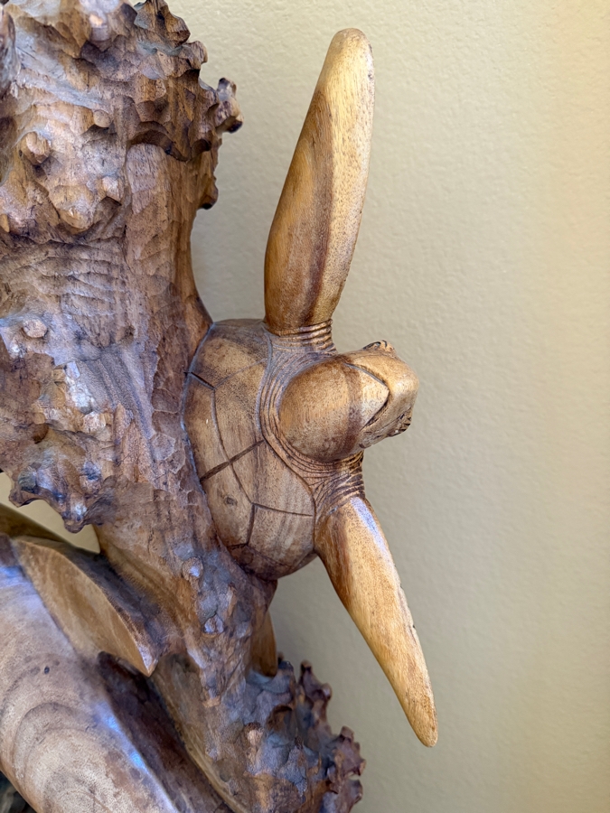 Just Added - Impressive Hawaiian Hand Carved Wooden Dolphins And Sea Turtle Sculpture 15.5W X 32.5H [Photo 8]