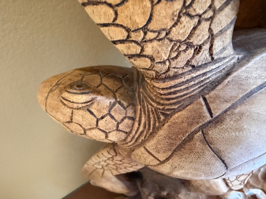 Just Added - Impressive Hawaiian Hand Carved Wooden Dolphins And Sea Turtle Sculpture 15.5W X 32.5H [Photo 5]