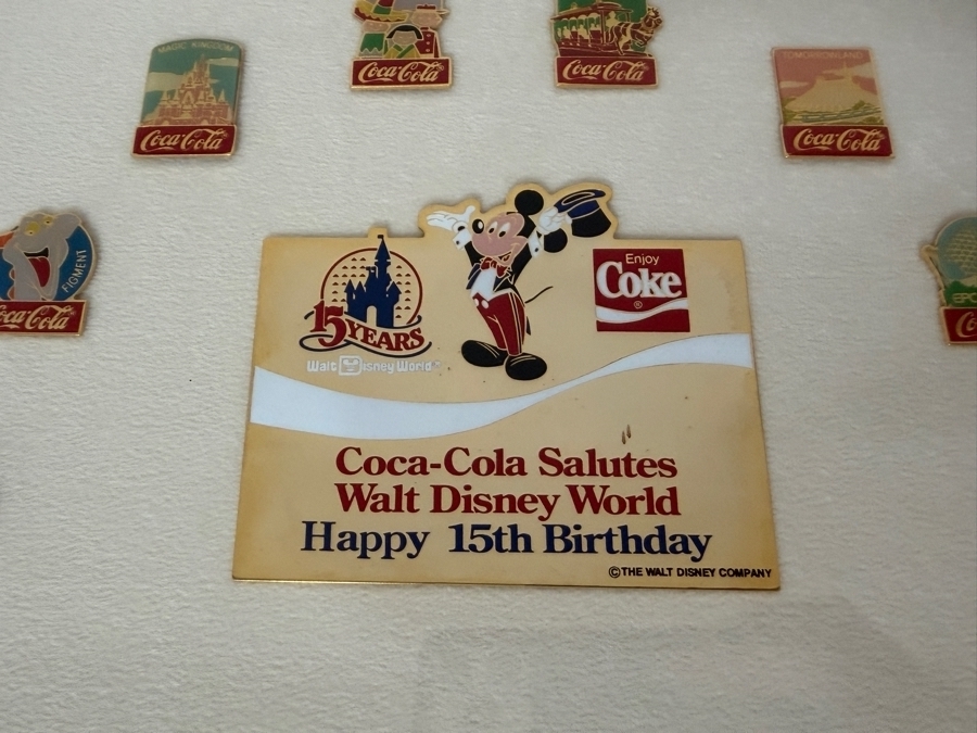 Just Added - Framed Collection Of 60 Vintage 1985 Coca-Cola And Walt Disney World 15th Anniversary Commemorative Pins 21 X 49 [Photo 3]