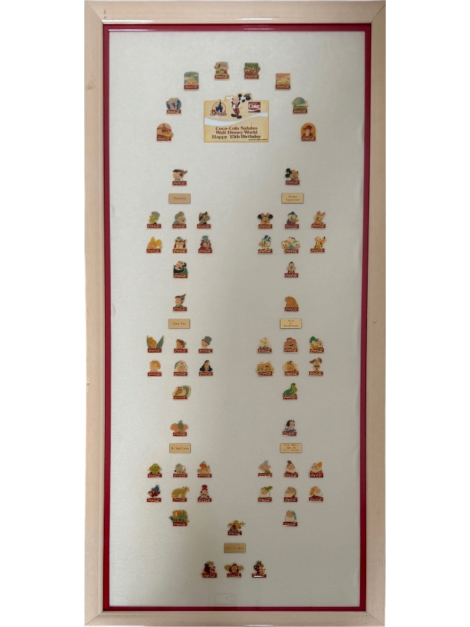 Just Added - Framed Collection Of 60 Vintage 1985 Coca-Cola And Walt Disney World 15th Anniversary Commemorative Pins 21 X 49
