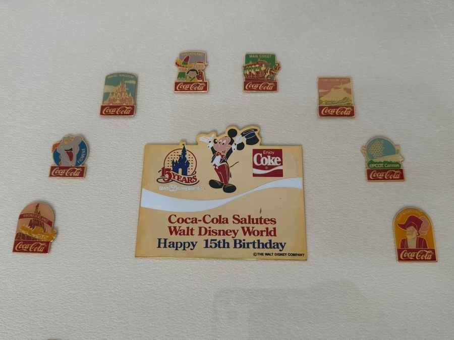 Just Added - Framed Collection Of 60 Vintage 1985 Coca-Cola And Walt Disney World 15th Anniversary Commemorative Pins 21 X 49 [Photo 2]