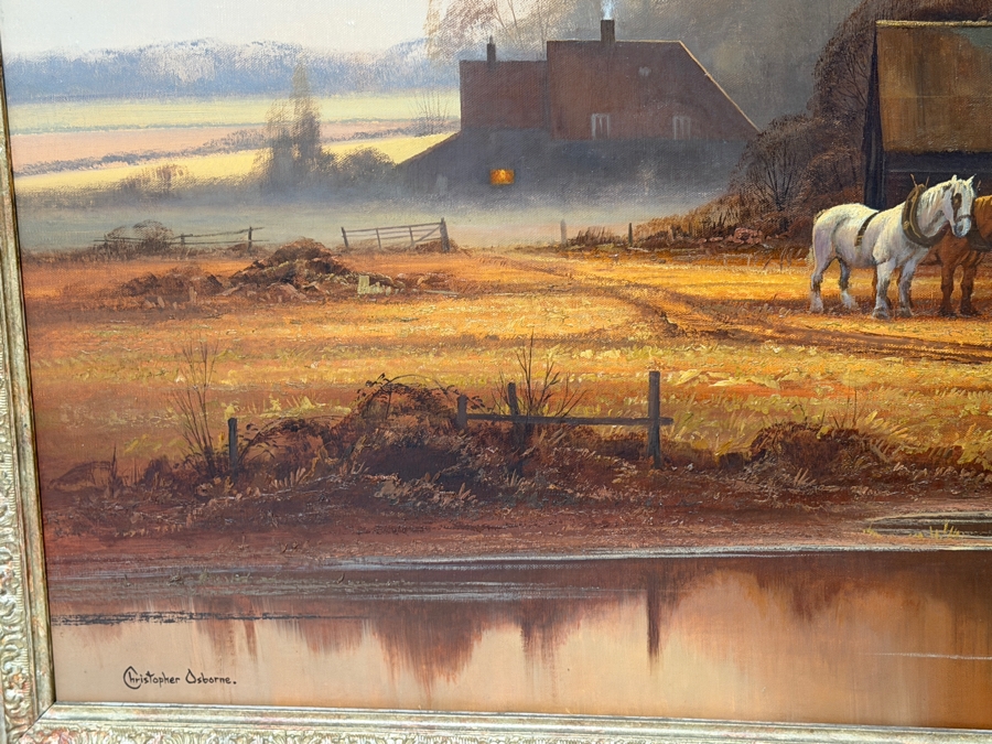 Just Added - Christopher Osborne (B. 1947, United Kingdom) Stunning Original Oil Landscape Frame Horse Scene Painting On Canvas 36 X 24 Framed 41.5 X 29.5 [Photo 11]