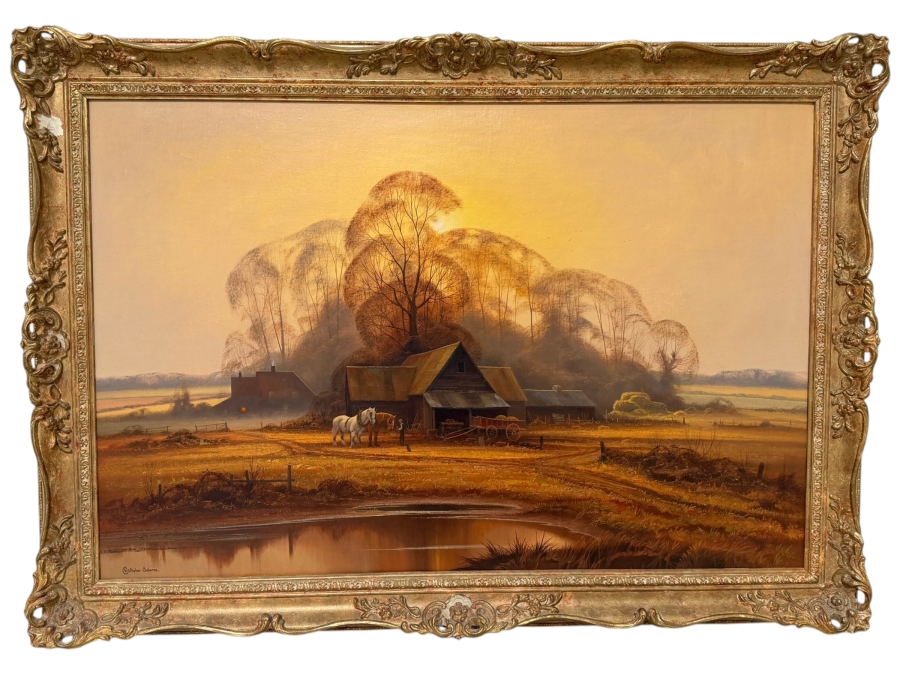 Just Added - Christopher Osborne (B. 1947, United Kingdom) Stunning Original Oil Landscape Frame Horse Scene Painting On Canvas 36 X 24 Framed 41.5 X 29.5