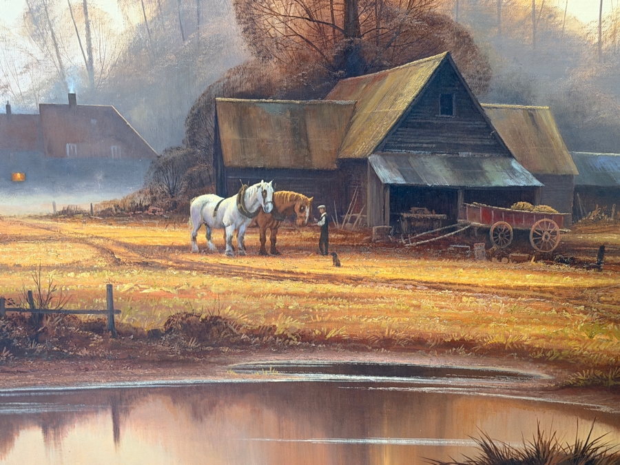 Just Added - Christopher Osborne (B. 1947, United Kingdom) Stunning Original Oil Landscape Frame Horse Scene Painting On Canvas 36 X 24 Framed 41.5 X 29.5 [Photo 9]