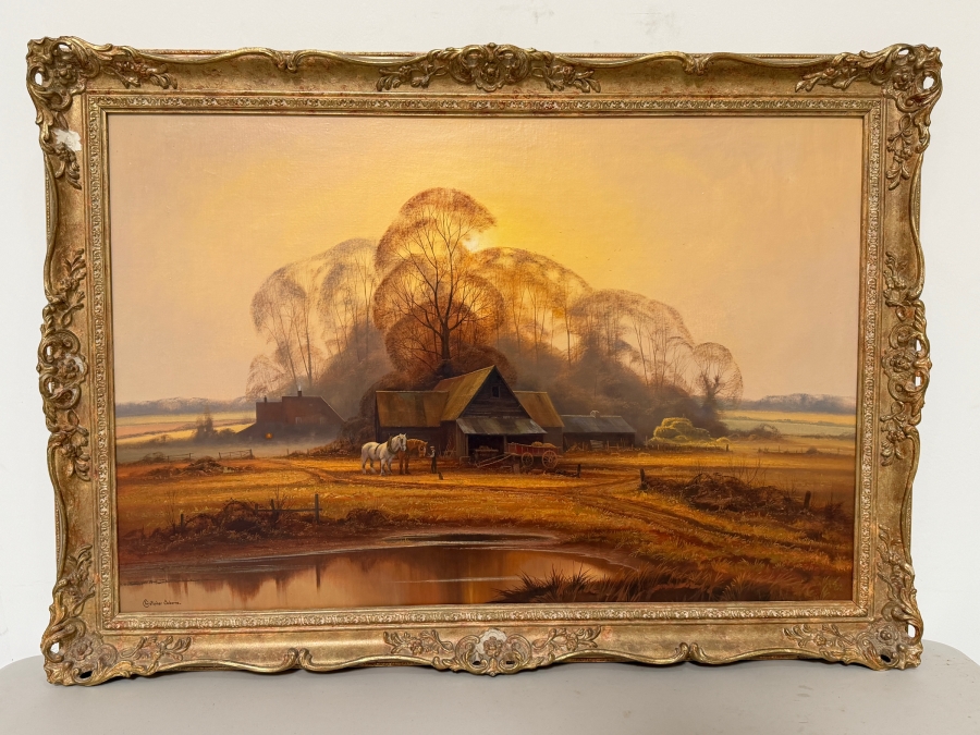 Just Added - Christopher Osborne (B. 1947, United Kingdom) Stunning Original Oil Landscape Frame Horse Scene Painting On Canvas 36 X 24 Framed 41.5 X 29.5 [Photo 2]