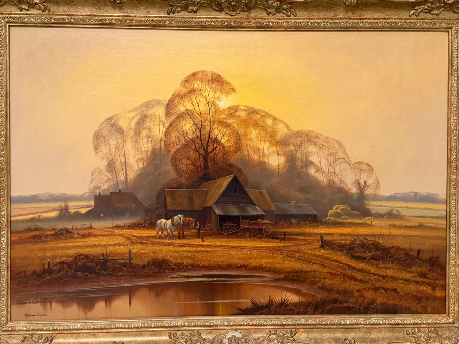 Just Added - Christopher Osborne (B. 1947, United Kingdom) Stunning Original Oil Landscape Frame Horse Scene Painting On Canvas 36 X 24 Framed 41.5 X 29.5 [Photo 4]
