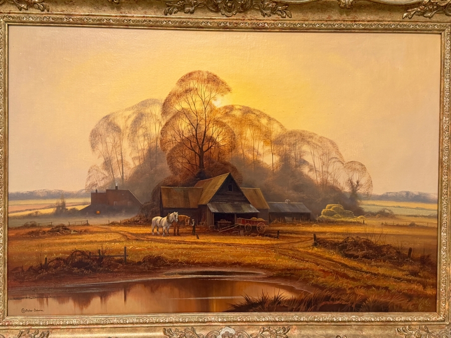 Just Added - Christopher Osborne (B. 1947, United Kingdom) Stunning Original Oil Landscape Frame Horse Scene Painting On Canvas 36 X 24 Framed 41.5 X 29.5 [Photo 3]