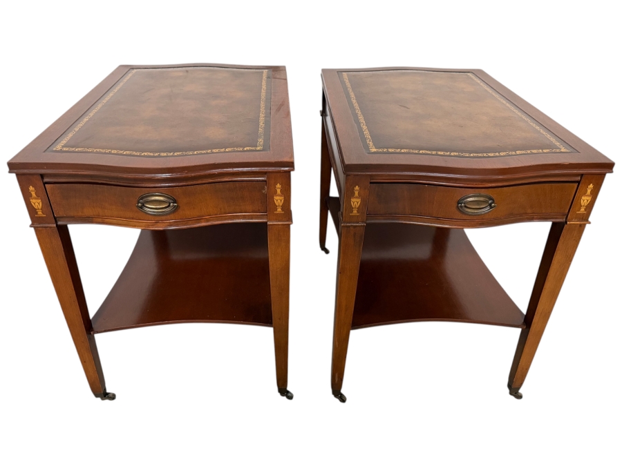 Just Added - Vintage Pair Of Regency Mahogany & Leather Top Side Tables 18W X 27D X 24H