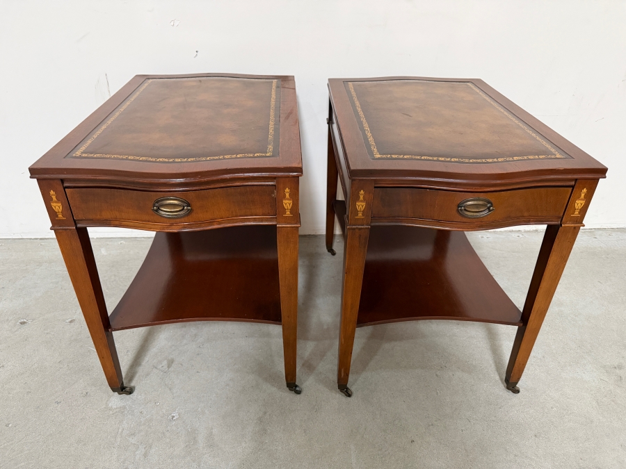 Just Added - Vintage Pair Of Regency Mahogany & Leather Top Side Tables 18W X 27D X 24H [Photo 2]