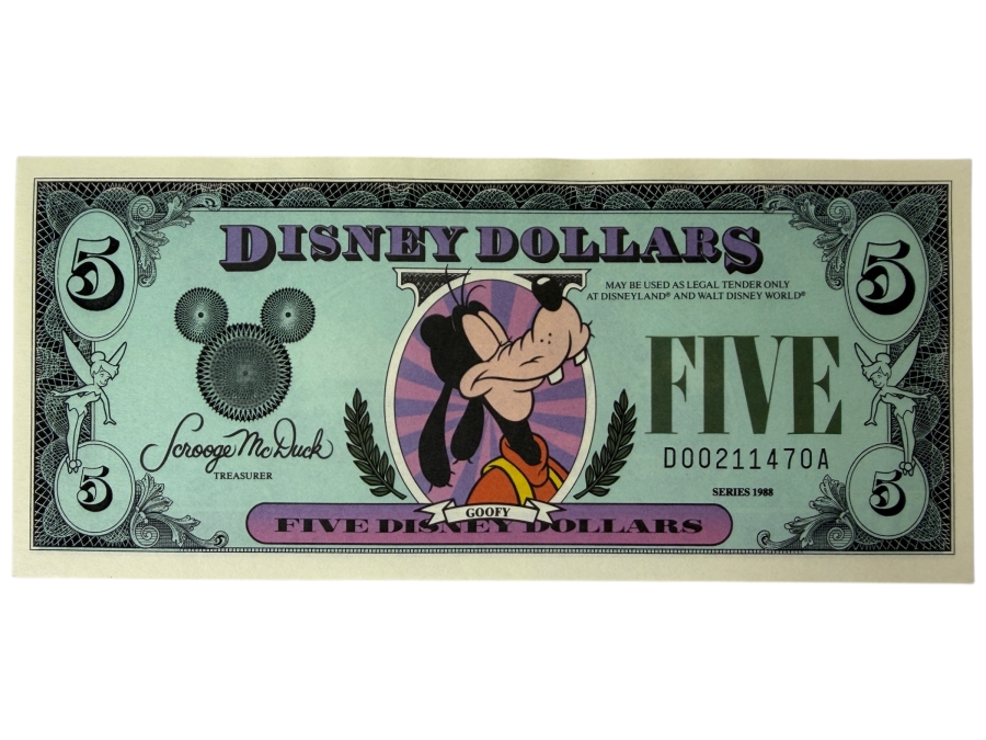 Just Added - Vintage 1988 Disney Dollars $5 Bill Featuring Goofy