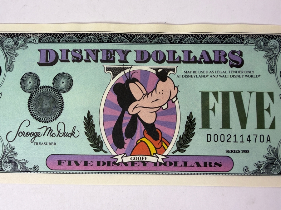 Just Added - Vintage 1988 Disney Dollars $5 Bill Featuring Goofy [Photo 2]