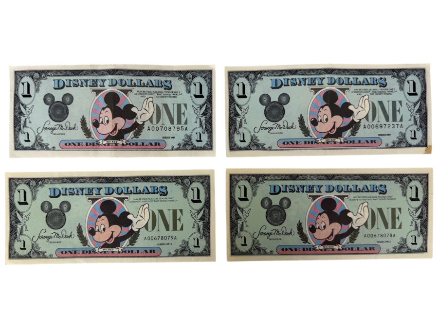 Just Added - (2) Vintage 1987A Disney Dollars $1 Bill Featuring Mickey Mouse And (2) Vintage 1989 Disney Dollars $1 Bill Featuring Mickey Mouse