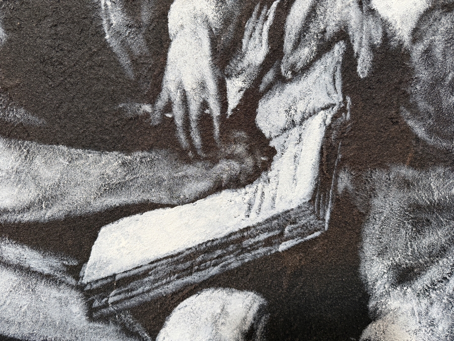Gerrit Greve (1948-2024, Cardiff by the Sea, CA) Original Acrylic Painting On Canvas Titled 'The Inspiraton Of St. Matthew By Caravaggio Circa 1598' 1991 Signed Lower Left 48 X 72 Estimate $3,500 - $4,300 [Photo 6]