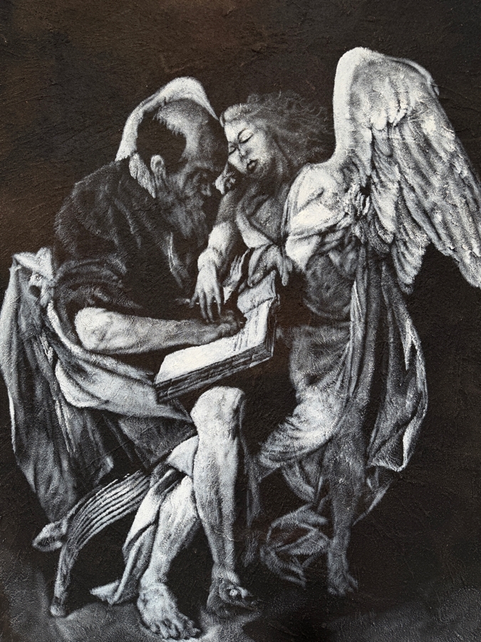 Gerrit Greve (1948-2024, Cardiff by the Sea, CA) Original Acrylic Painting On Canvas Titled 'The Inspiraton Of St. Matthew By Caravaggio Circa 1598' 1991 Signed Lower Left 48 X 72 Estimate $3,500 - $4,300 [Photo 3]