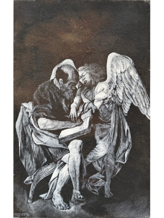 Gerrit Greve (1948-2024, Cardiff by the Sea, CA) Original Acrylic Painting On Canvas Titled 'The Inspiraton Of St. Matthew By Caravaggio Circa 1598' 1991 Signed Lower Left 48 X 72 Estimate $3,500 - $4,300