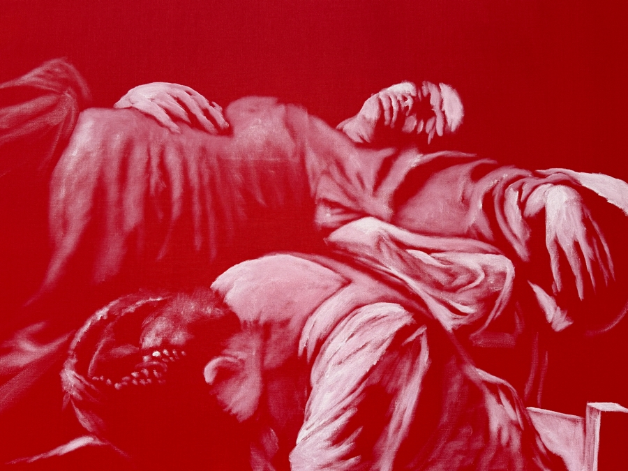 Gerrit Greve (1948-2024, Cardiff by the Sea, CA) Original Acrylic Painting On Canvas Titled 'Copy Of The Death Of The Virgin By Caravaggio Circa 1605 (Witness #5)' 1994 Signed Lower Left And Verso 48 X 72 Estimate $3,500 - $4,300 [Photo 5]