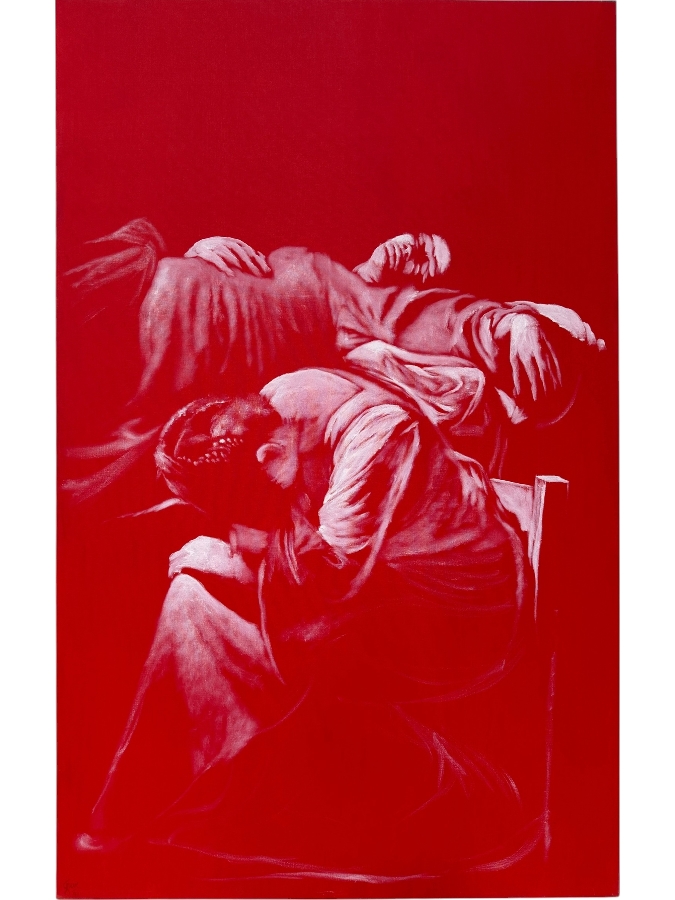 Gerrit Greve (1948-2024, Cardiff by the Sea, CA) Original Acrylic Painting On Canvas Titled 'Copy Of The Death Of The Virgin By Caravaggio Circa 1605 (Witness #5)' 1994 Signed Lower Left And Verso 48 X 72 Estimate $3,500 - $4,300