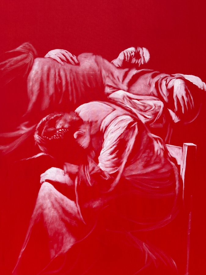 Gerrit Greve (1948-2024, Cardiff by the Sea, CA) Original Acrylic Painting On Canvas Titled 'Copy Of The Death Of The Virgin By Caravaggio Circa 1605 (Witness #5)' 1994 Signed Lower Left And Verso 48 X 72 Estimate $3,500 - $4,300 [Photo 2]