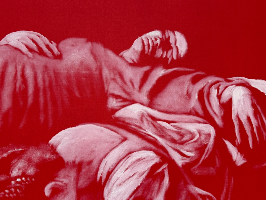 Gerrit Greve (1948-2024, Cardiff by the Sea, CA) Original Acrylic Painting On Canvas Titled 'Copy Of The Death Of The Virgin By Caravaggio Circa 1605 (Witness #5)' 1994 Signed Lower Left And Verso 48 X 72 Estimate $3,500 - $4,300 [Photo 4]