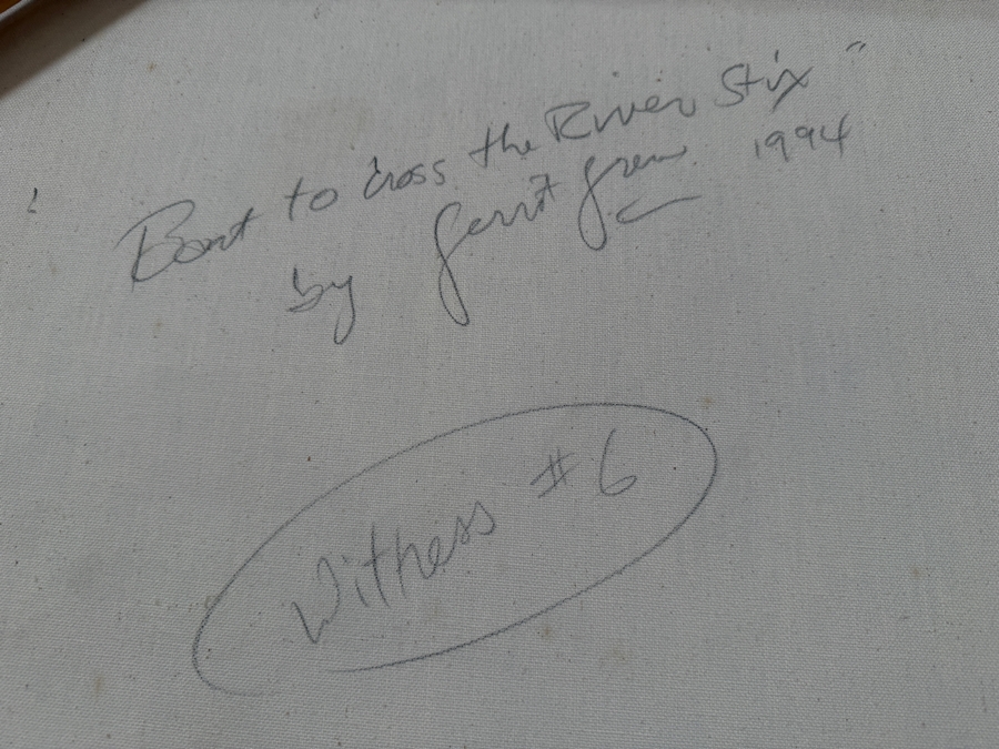 Gerrit Greve (1948-2024, Cardiff by the Sea, CA) Original Acrylic Painting On Canvas Titled 'Boat To Cross The River Styx (Witness #6)' 1994 Signed Lower Right And Verso 48 X 72 Estimate $3,500 - $4,300 [Photo 8]