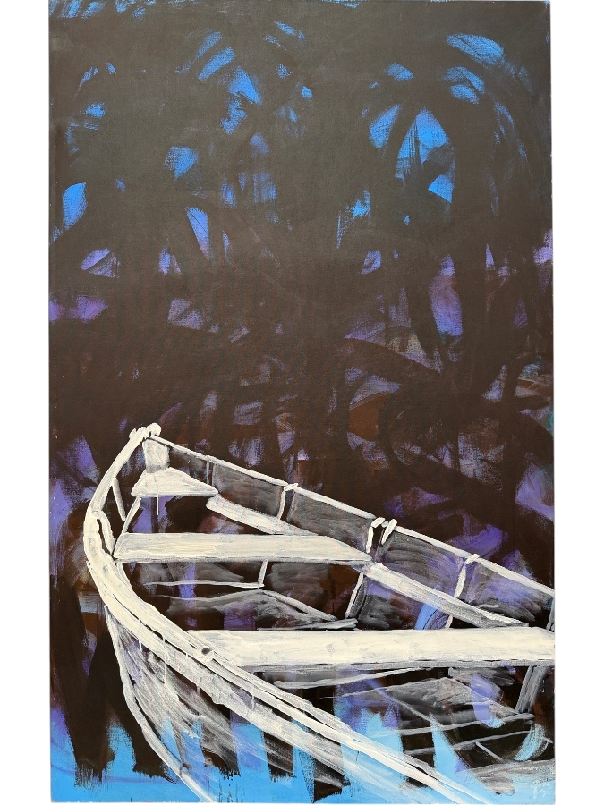 Gerrit Greve (1948-2024, Cardiff by the Sea, CA) Original Acrylic Painting On Canvas Titled 'Boat To Cross The River Styx (Witness #6)' 1994 Signed Lower Right And Verso 48 X 72 Estimate $3,500 - $4,300
