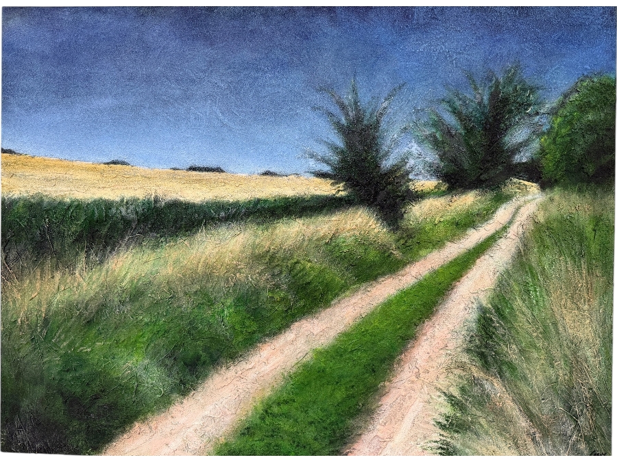 Gerrit Greve (1948-2024, Cardiff by the Sea, CA) Original Acrylic, Sand & Grass Painting On Canvas Titled 'Meadowlawn Road At Dusk' 1991 Signed Lower Right And Verso 60 X 45 Estimate $2,700 - $3,400