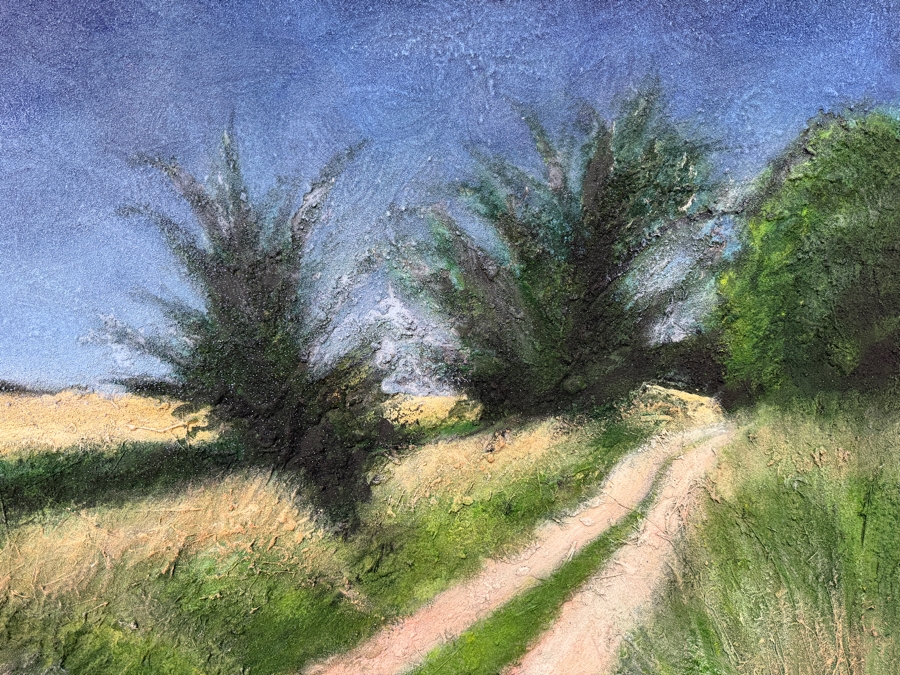 Gerrit Greve (1948-2024, Cardiff by the Sea, CA) Original Acrylic, Sand & Grass Painting On Canvas Titled 'Meadowlawn Road At Dusk' 1991 Signed Lower Right And Verso 60 X 45 Estimate $2,700 - $3,400 [Photo 3]
