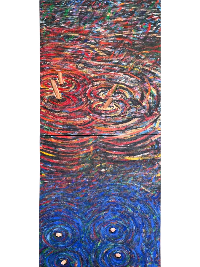 Gerrit Greve (1948-2024, Cardiff by the Sea, CA) Original Diptych Acrylic Mixed-Media Painting On Canvas Titled 'Fire Evidence'  Signed Verso 39 X 96 Estimate $3,700 - $4,700