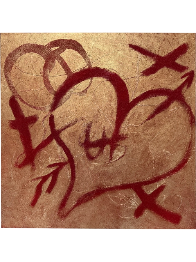 Gerrit Greve (1948-2024, Cardiff by the Sea, CA) Original Acrylic And Sand Painting On Canvas Titled 'Calligraphic Valentine' 2003 Signed Verso 48 X 48 Estimate $2,300 - $2,900