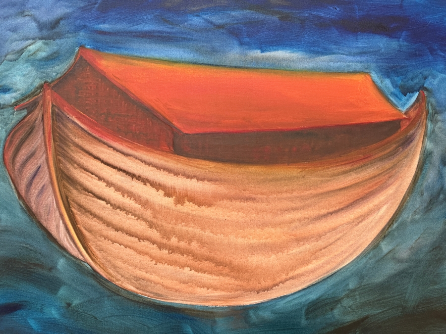 Gerrit Greve (1948-2024, Cardiff by the Sea, CA) Original Acrylic Painting On Canvas Titled 'The First Day (Of The) Ark' 1990 Signed Lower Right And Verso 48 X 39 Estimate $1,900 - $2,300 [Photo 2]