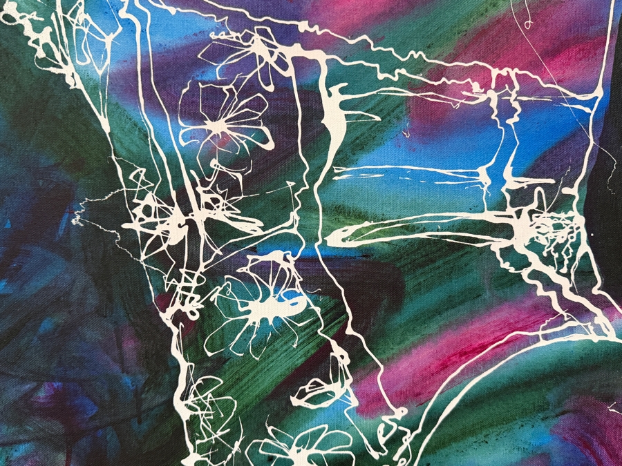 Gerrit Greve (1948-2024, Cardiff by the Sea, CA) Original Acrylic Drip Painting On Canvas Titled 'Course Of The Corset II'  Signed Lower Right And Verso 36 X 48 Estimate $1,700 - $2,200 [Photo 4]