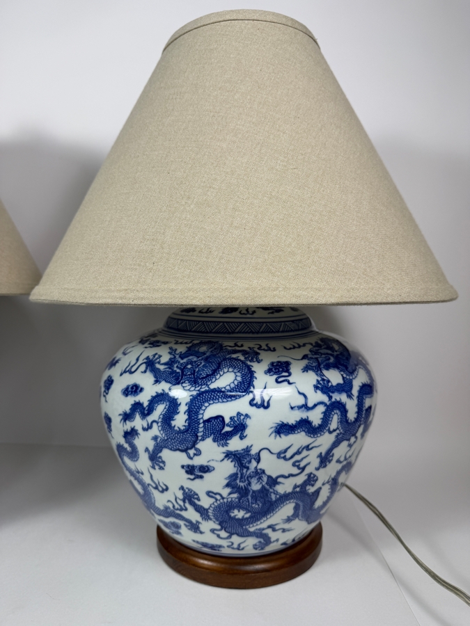Just Added - Pair Of Ralph Lauren Blue And White Chinese Dragon Porcelain Table Lamps 23'H [Photo 7]