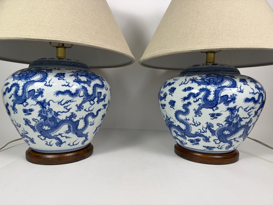 Just Added - Pair Of Ralph Lauren Blue And White Chinese Dragon Porcelain Table Lamps 23'H [Photo 2]