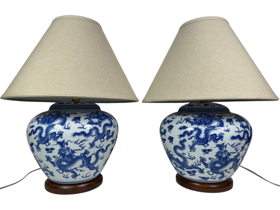 Just Added - Pair Of Ralph Lauren Blue And White Chinese Dragon Porcelain Table Lamps 23'H