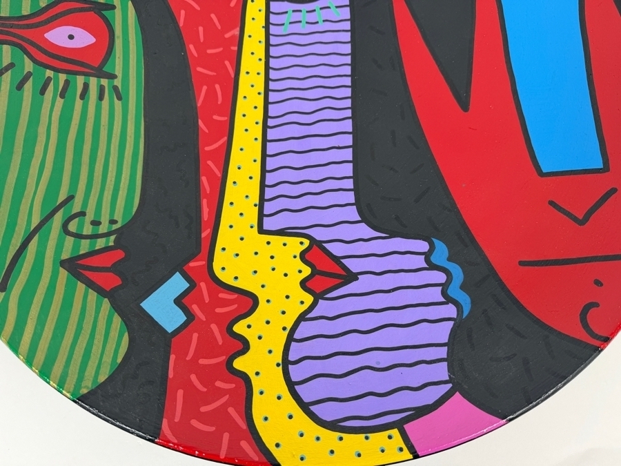 Just Added - Large Vintage 1990 Artist Signed Hand Painted Pop Art Cubist Ceramic Charger Plate 22.25'W X 3'H [Photo 4]