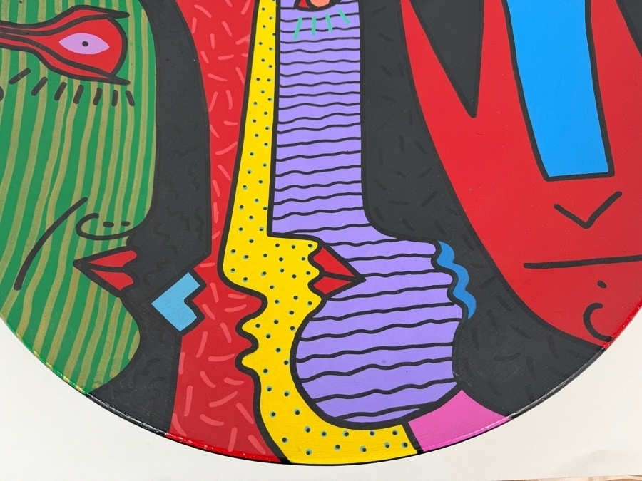 Just Added - Large Vintage 1990 Artist Signed Hand Painted Pop Art Cubist Ceramic Charger Plate 22.25'W X 3'H [Photo 5]