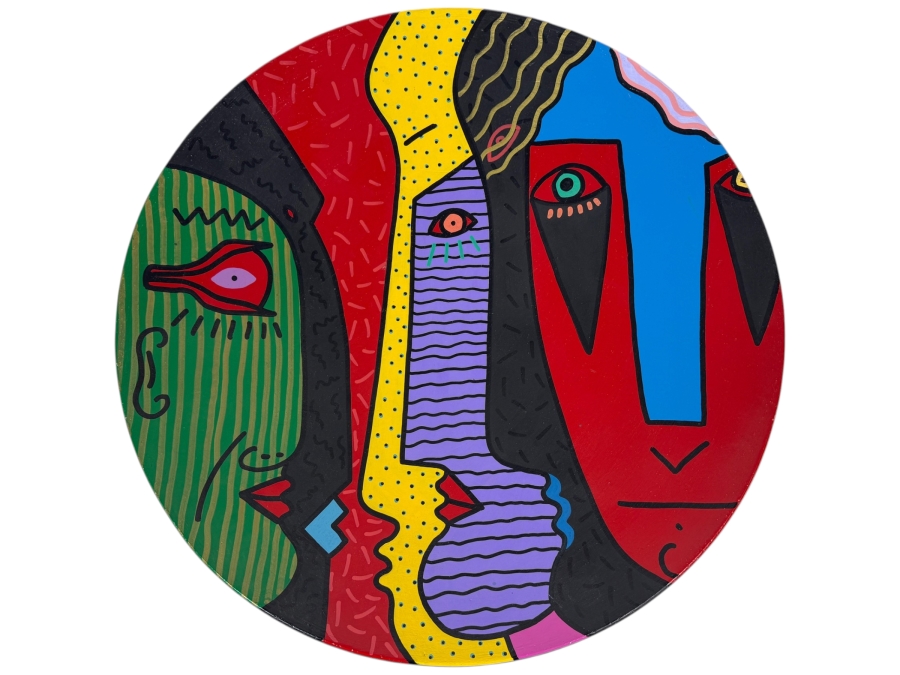 Just Added - Large Vintage 1990 Artist Signed Hand Painted Pop Art Cubist Ceramic Charger Plate 22.25'W X 3'H
