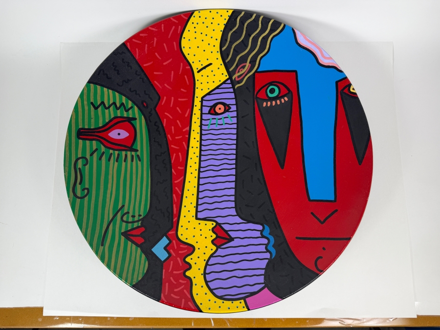 Just Added - Large Vintage 1990 Artist Signed Hand Painted Pop Art Cubist Ceramic Charger Plate 22.25'W X 3'H [Photo 2]