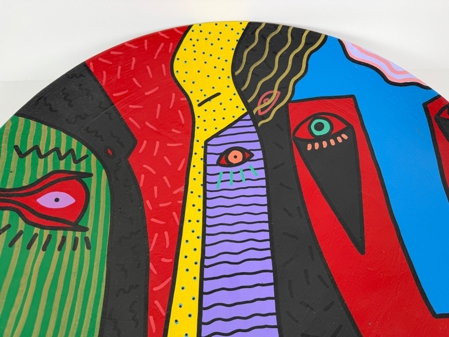 Just Added - Large Vintage 1990 Artist Signed Hand Painted Pop Art Cubist Ceramic Charger Plate 22.25'W X 3'H [Photo 3]