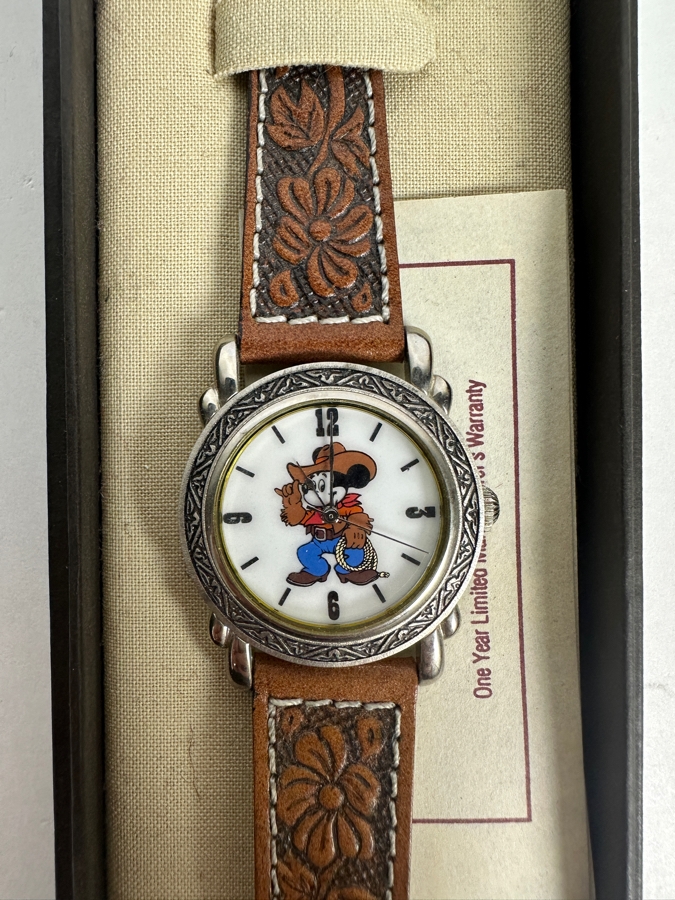 Disney Mickey Mouse Western Style Wristwatch With Tooled Floral Leather Band and Silver-Tone Accents

 [Photo 2]